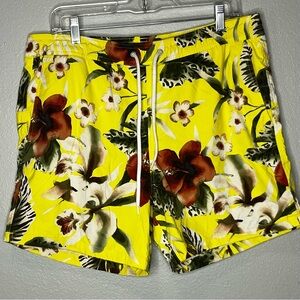 J Crew Swim Trunks Men L Yellow Floral Mesh Lined Pull On Hawaiian Beach Shorts‎